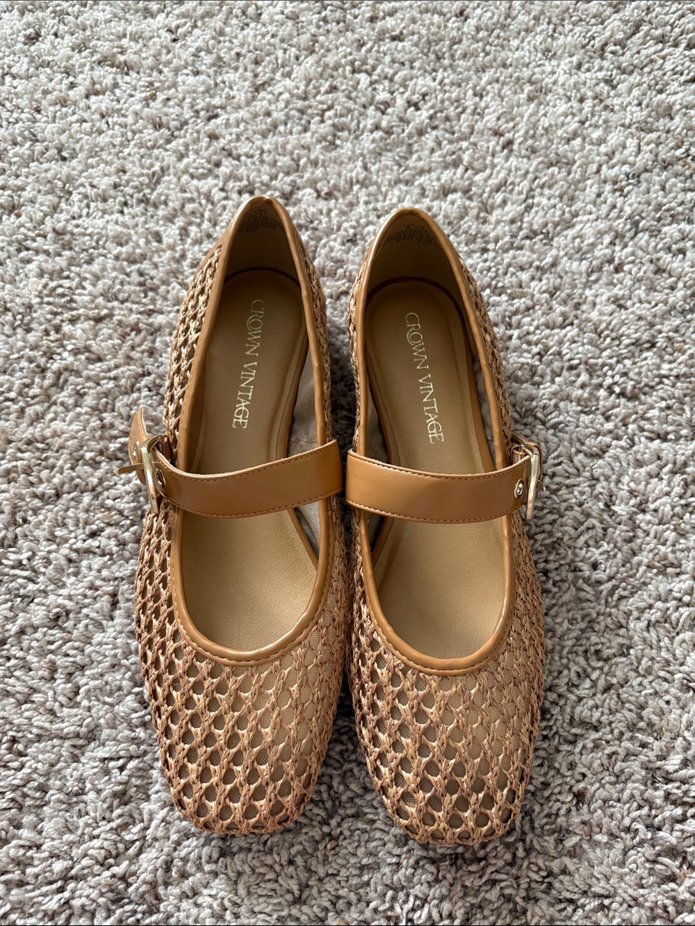 Woven Tan Mary Jane Flats with Adjustable Strap